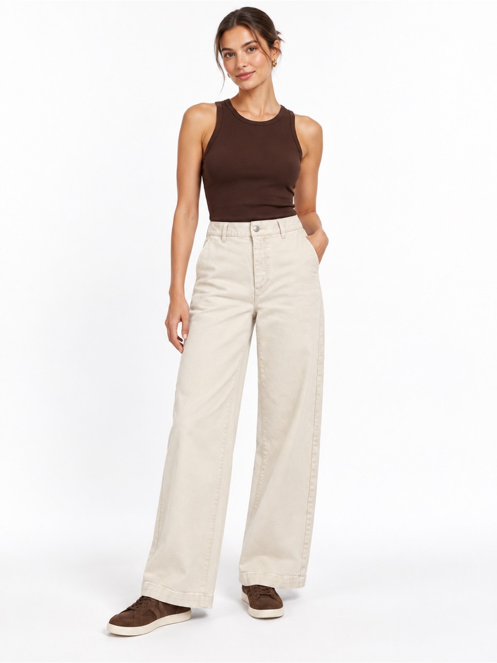 OAK + FORT Cream Wide-Leg High-Rise Jeans size S